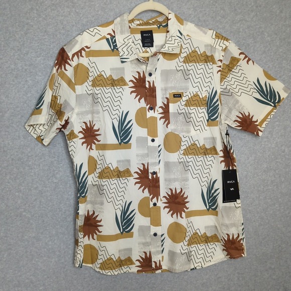 New RVCA Anytime SS Button Up Shirt Mens L Natural Print Short Sleeve Beach - Picture 1 of 6